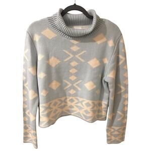Anthropologie Callahan Cropped Snowflake Turtleneck Sweater Baby Blue & Cream, L